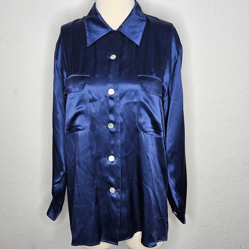 Silk House Navy Blue 100% Silk Button Down Blouse Shirt Long Sleeve Medium
